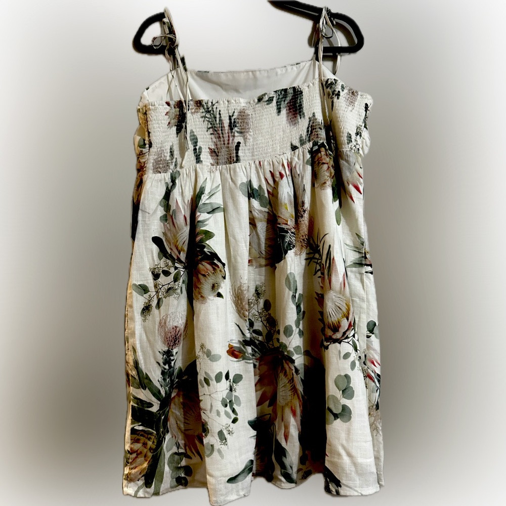 Linen-Blend Floral Ruched Mini Babydoll Dress